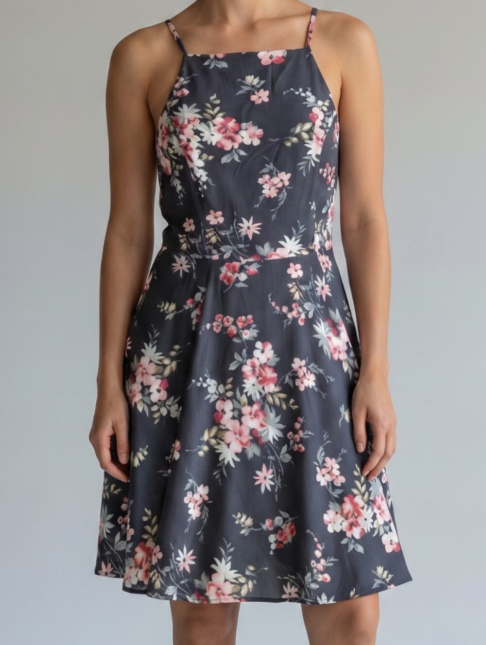 Hollister Women’s Grey Floral A-Line Dress with Pink Accents S